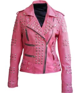 Women Pink Studded Studs Genuine Leather Jacket