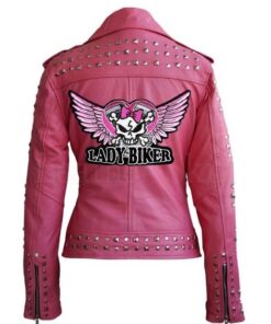 Women Pink Studded Motorcycle Leather Jacket