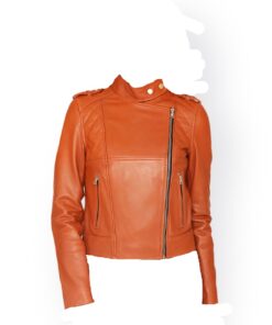 Women Orange Leather Racer Jacket