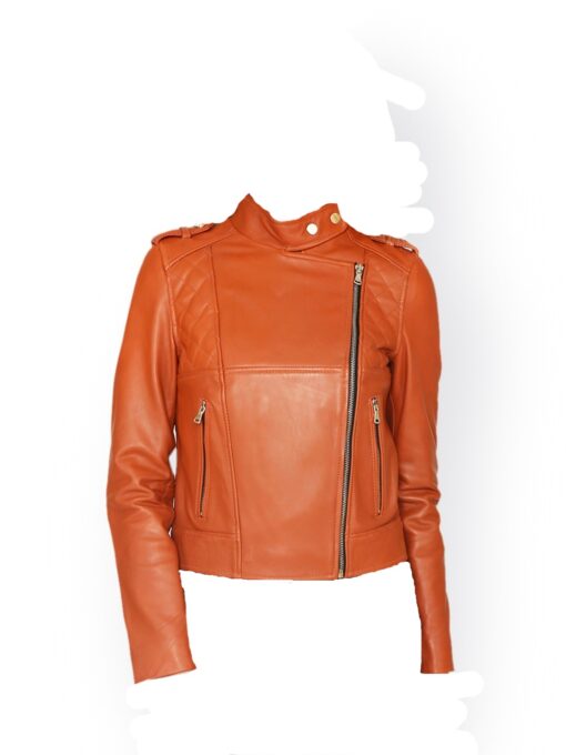 Women Orange Leather Racer Jacket