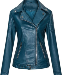 Woman Blue Leather Biker Coat Jacket