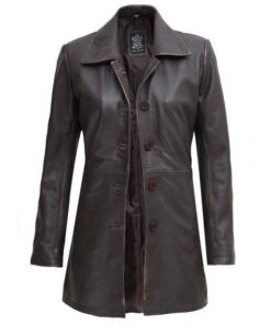 Distressed Brown Leather Coat For Woman