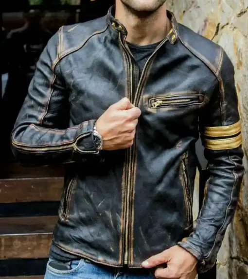 Men's Vintage Biker Black Motorcycle Distressed Cafe Racer Leather Jacket