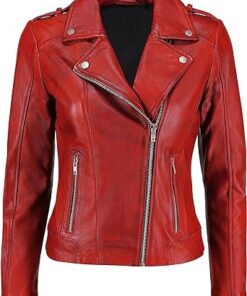 Red Leather Motorcycle Jacket For Woman