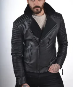 Shearling Black Leather Jacket For Men