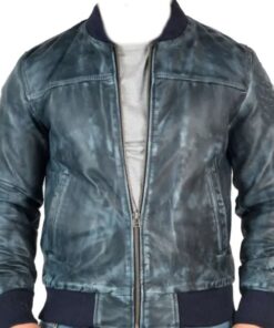 Blue Vintage Bomber Leather Jacket For Men