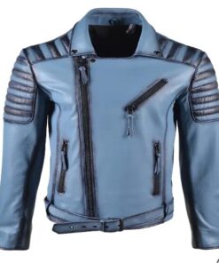 Vintage Men's Biker Style Blue Leather Jacket