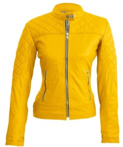 Women Yellow Quilted Leather Jacket