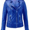 Blue Leather Motorcycle Biker Jacket For Woman