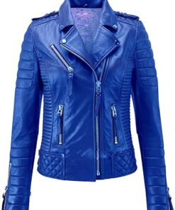 Blue Leather Motorcycle Biker Jacket For Woman