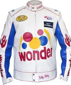 Mens Ricky Bobby Racing White Faux Leather Motorcycle Jacket