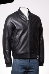Men's Black Rib-Knit Collar Leather Bomber Jacket