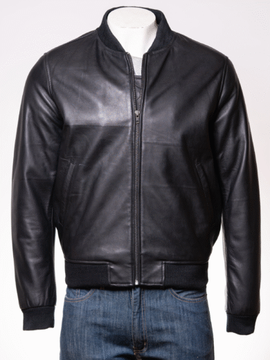 Men's Black Rib-Knit Collar Leather Bomber Jacket