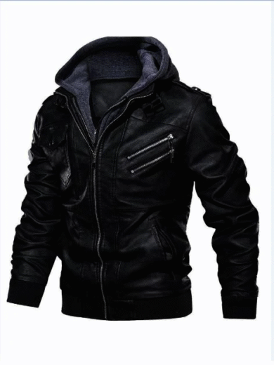 Men Black Leather Bomber Jacket with HoodieStyle hooded Jacket