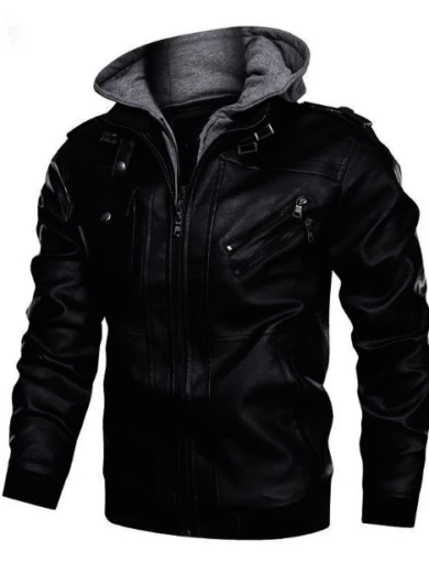 Men Black Leather Bomber Jacket with HoodieStyle hooded Jacket