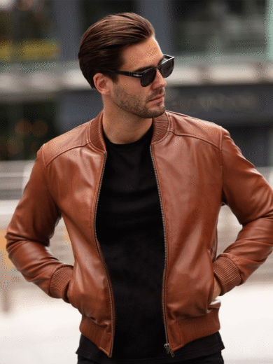Mens Leather Bomber Jacket Tan