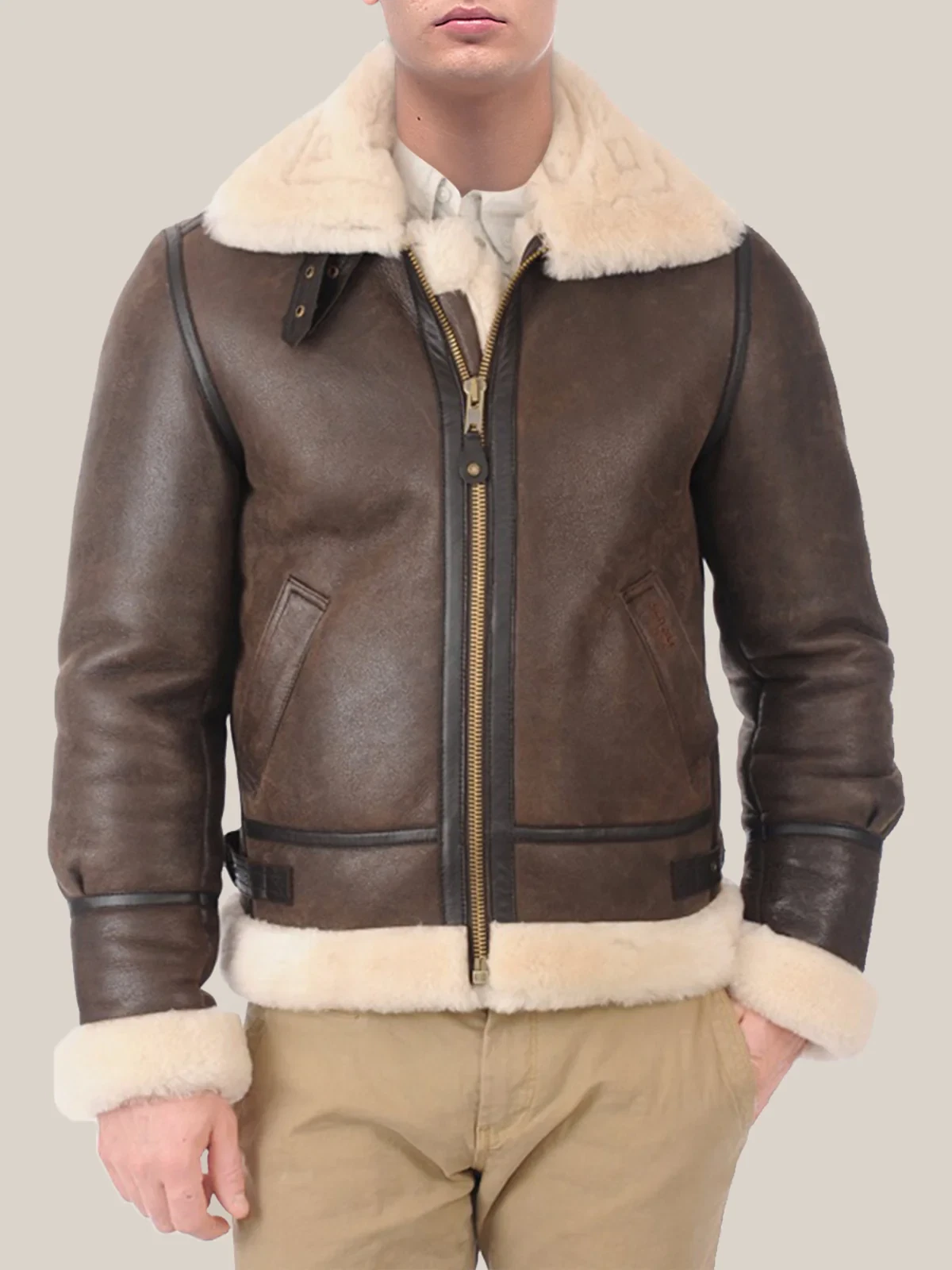 Men's Aviator Brown B3 Real Leather Bomber Flying Fur Jacket