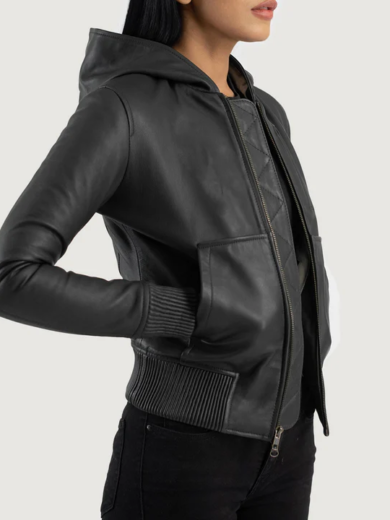 Luna Black Hooded Leather Bomber Jacket