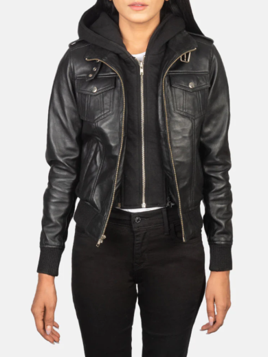 Roslyn Black Hooded Leather Bomber Jacket